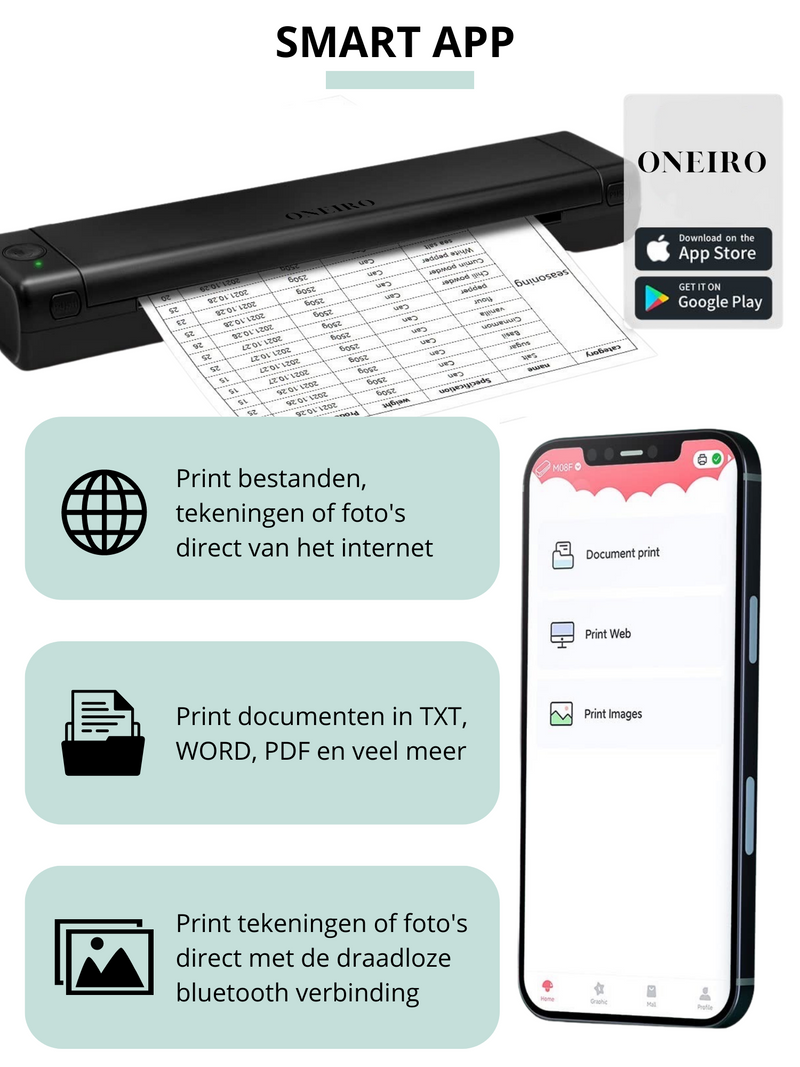 ONEIRO PRO O30F Imprimante portable Bluetooth Papier Zwart - A4 -  Imprimante thermique